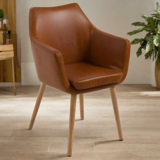 Nora Carver Seat Dining Chair In Brandy PU Leather With Oak Oiled Legs And Arm Rests