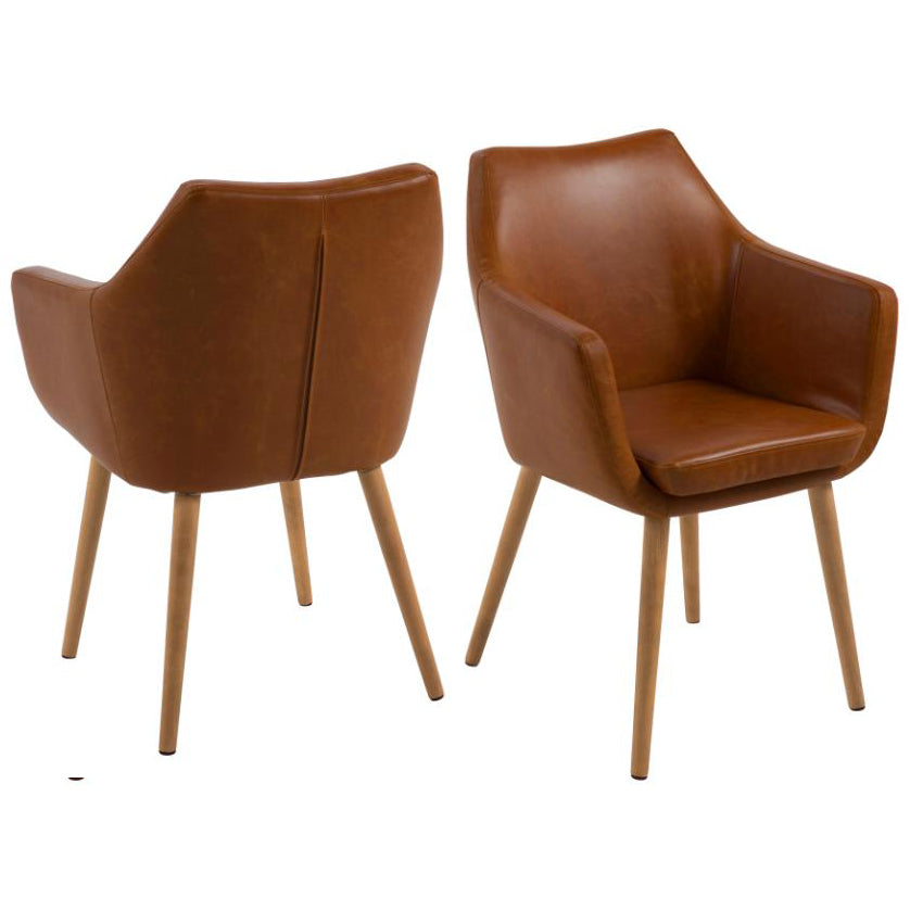 Nora Carver Seat Dining Chair In Brandy PU Leather With Oak Oiled Legs And Arm Rests