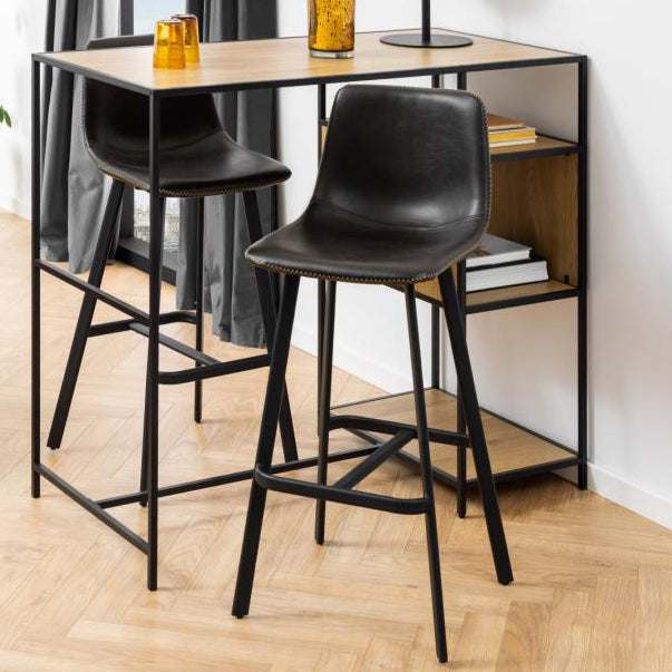 Oregon Black Vintage Leather Bar Stools, Set Of 2 With Metal Base And Footrest