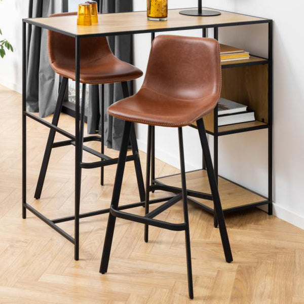 Oregon Brown Vintage Leather Bar Stools, Set Of 2 With Metal Base And Footrest