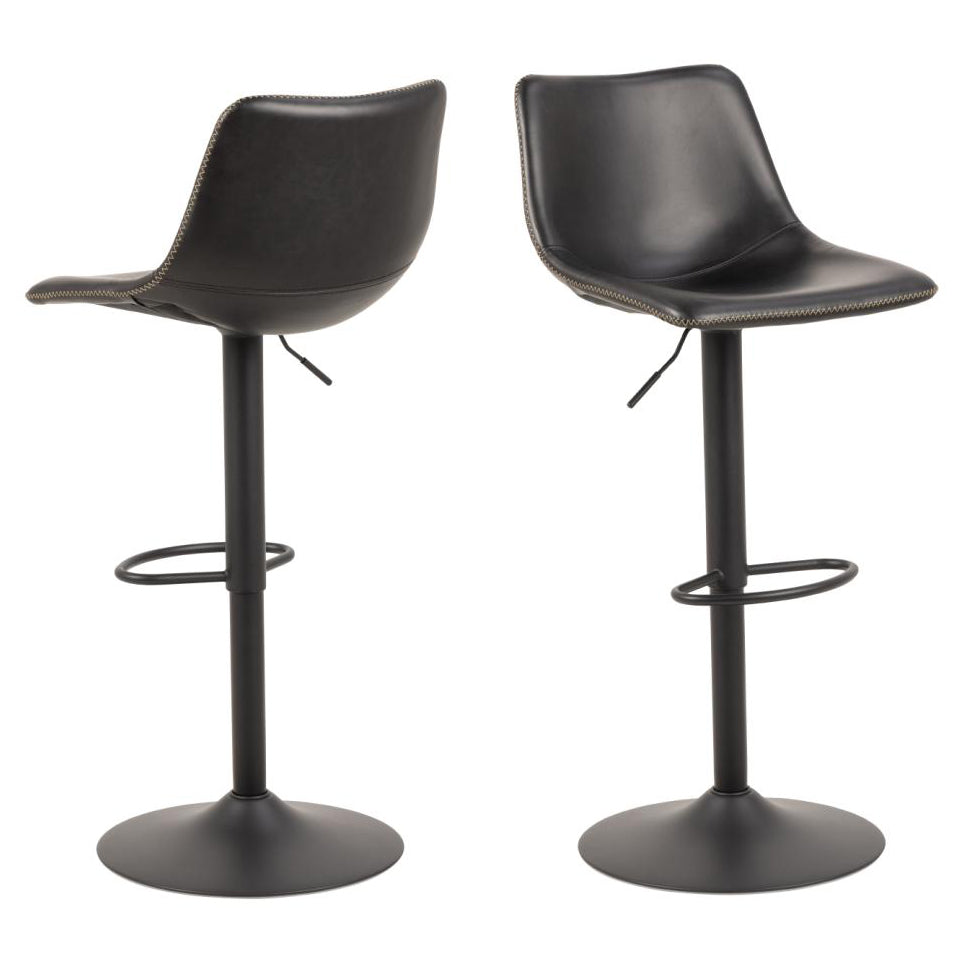Oregon Vintage Black Leather Bar Stools, Set Of 2 With Round Metal Base And Footrest