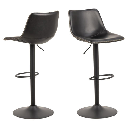 Oregon Vintage Black Leather Bar Stools, Set Of 2 With Round Metal Base And Footrest