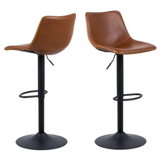 Oregon Vintage Brown Leather Bar Stools, Single Barstool With Round Metal Base And Footrest
