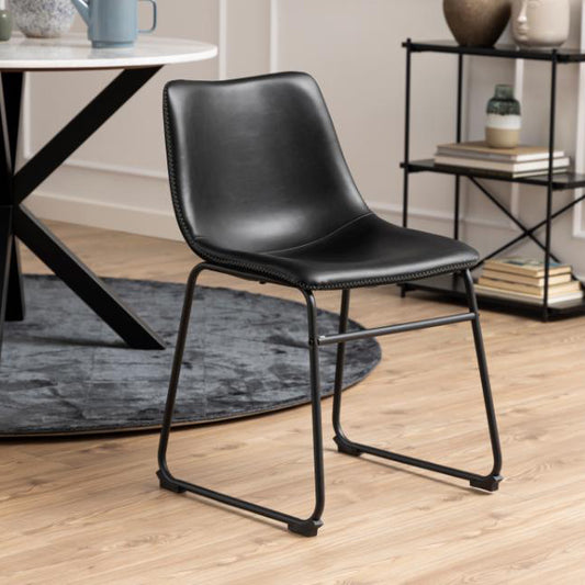 Oregon Black Vintage Leather Dining Chairs, Set Of 2 With Metal Base