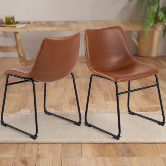 Oregon Brown Vintage Leather Dining Chairs, Set Of 2 With Metal Base
