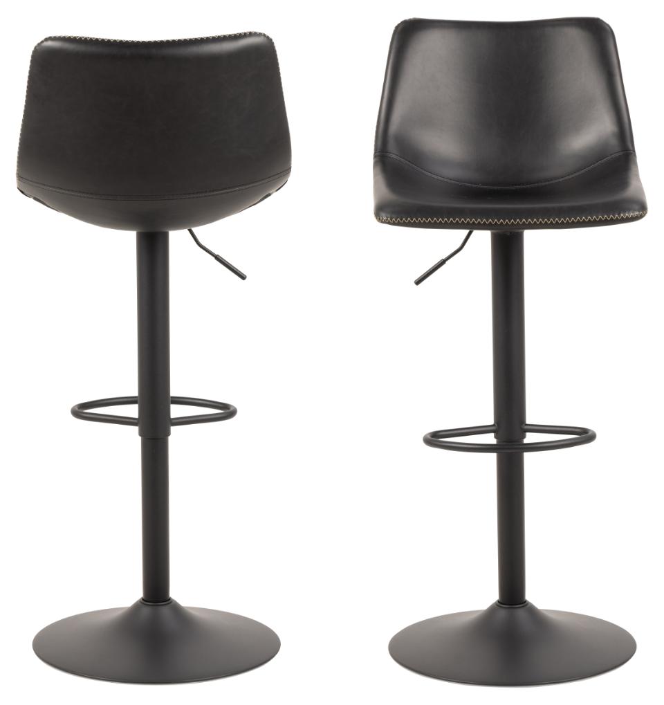 Oregon Vintage Black Leather Bar Stools, Set Of 2 With Round Metal Base And Footrest