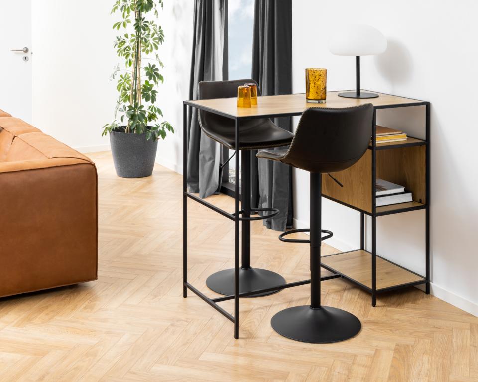 Oregon Vintage Black Leather Bar Stools, Set Of 2 With Round Metal Base And Footrest