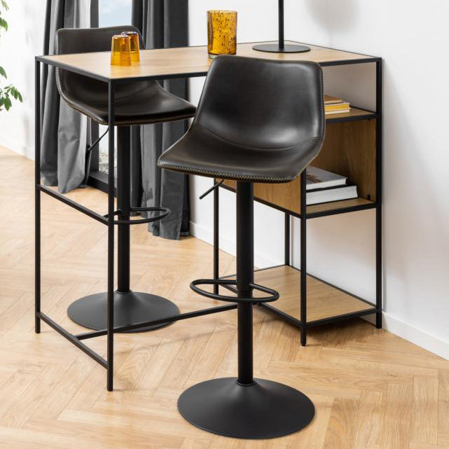 Oregon Vintage Black Leather Bar Stools, Set Of 2 With Round Metal Base And Footrest