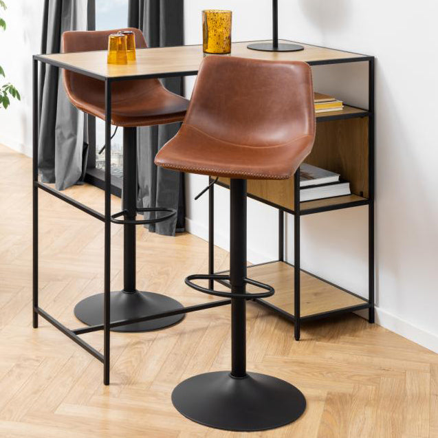 Oregon Vintage Brown Leather Bar Stools, Set Of 2 With Round Metal Base And Footrest