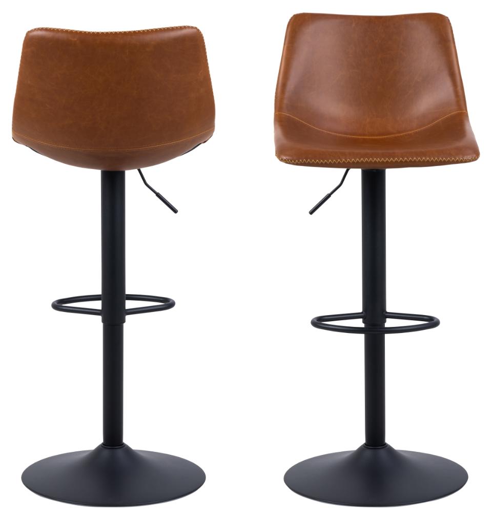 Oregon Vintage Brown Leather Bar Stools, Set Of 2 With Round Metal Base And Footrest