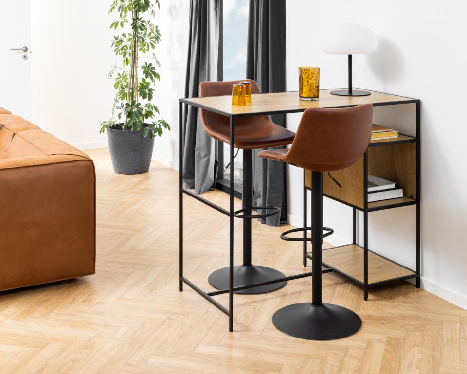 Oregon Vintage Brown Leather Bar Stools, Set Of 2 With Round Metal Base And Footrest