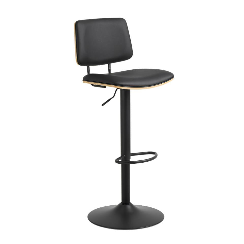 Owen Black Leather Bar Stool With Steel base, Footrest, Height Adjustment And Swivel Single Barstool