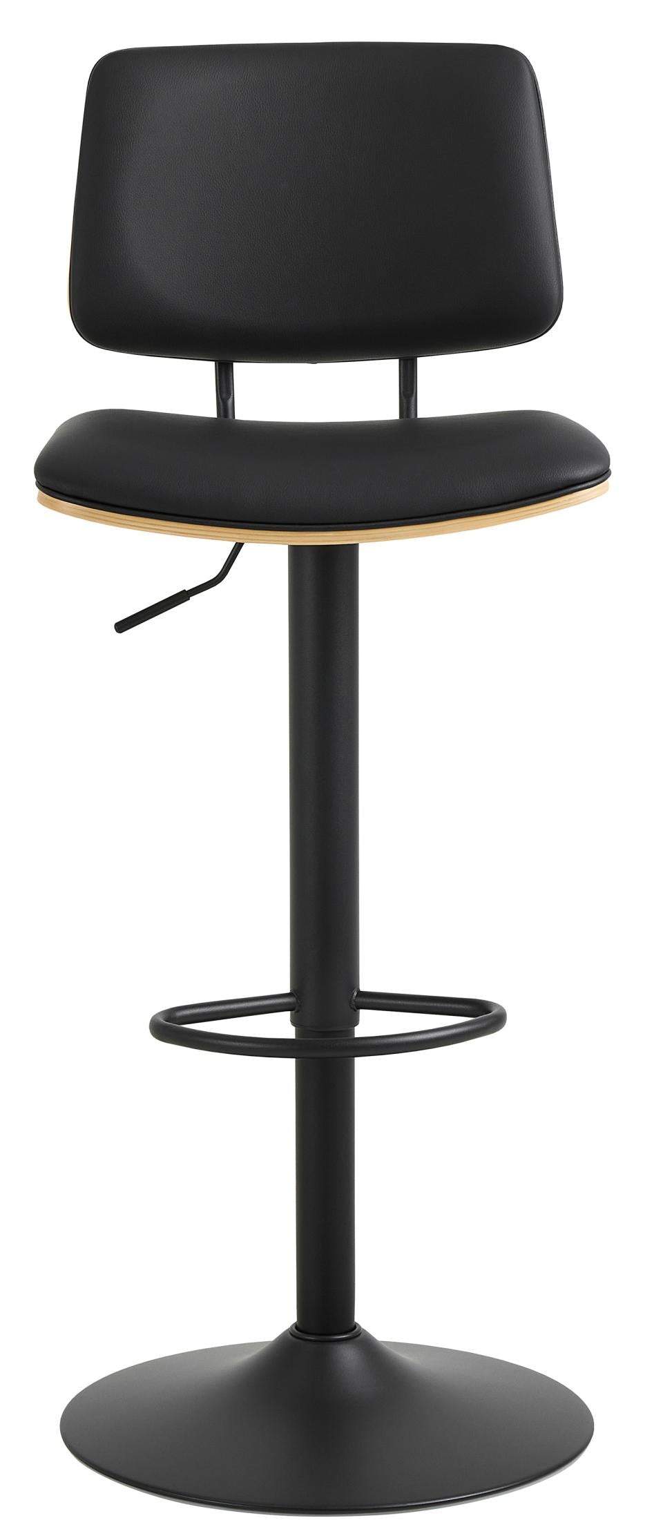 Owen Black Leather Bar Stool With Steel base, Footrest, Height Adjustment And Swivel Single Barstool