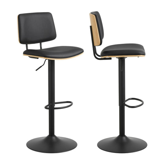 Owen Black Leather Bar Stool With Steel base, Footrest, Height Adjustment And Swivel Single Barstool