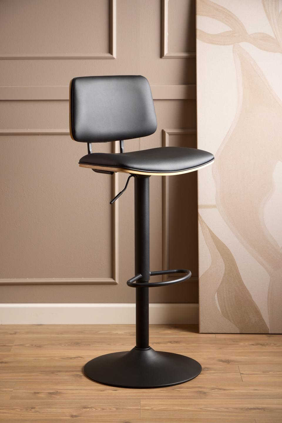Owen Black Leather Bar Stool With Steel base, Footrest, Height Adjustment And Swivel Single Barstool