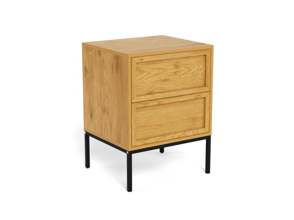 A two-drawer wooden nightstand with a light oak finish and black metal legs, shown on a plain white background.