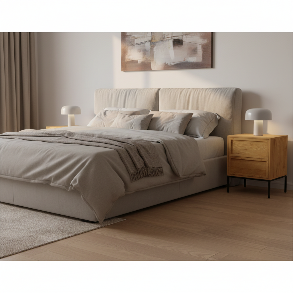 A modern upholstered bed in a warm beige fabric, styled with neutral-toned bedding and pillows, flanked by two light wood nightstands with white lamps, set against a minimalist beige wall with a piece of abstract wall art.