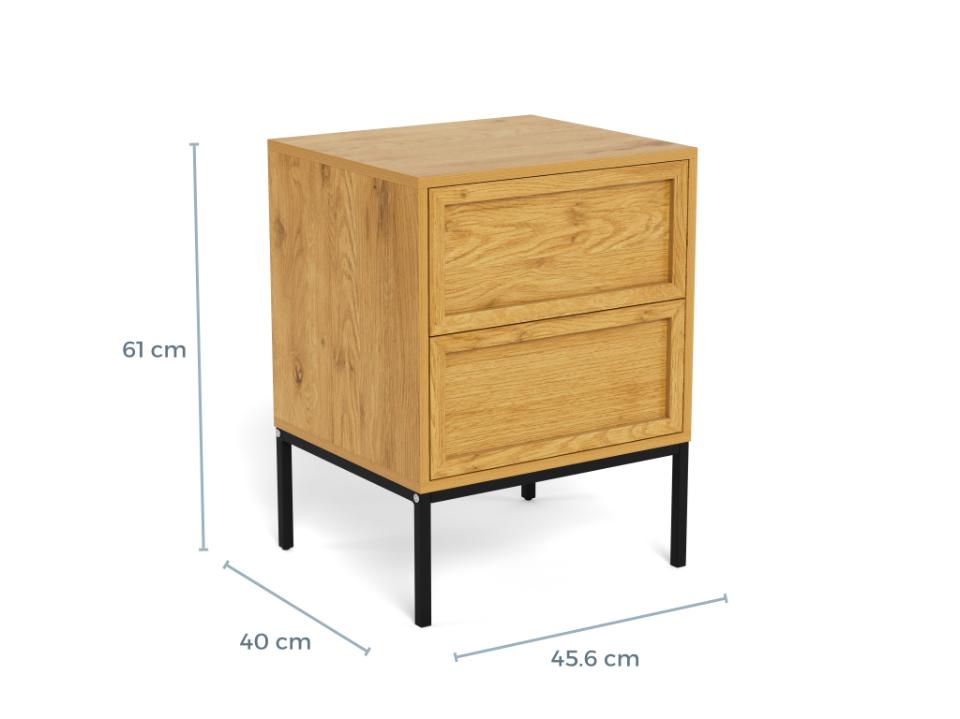 A two-drawer wooden nightstand with a light oak finish and black metal legs, shown with dimension lines indicating 61 cm height, 40 cm width, and 45.6 cm depth on a white background.