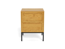 Load image into Gallery viewer, A two-drawer wooden nightstand with a light oak finish and black metal legs, shown against a plain white background.
