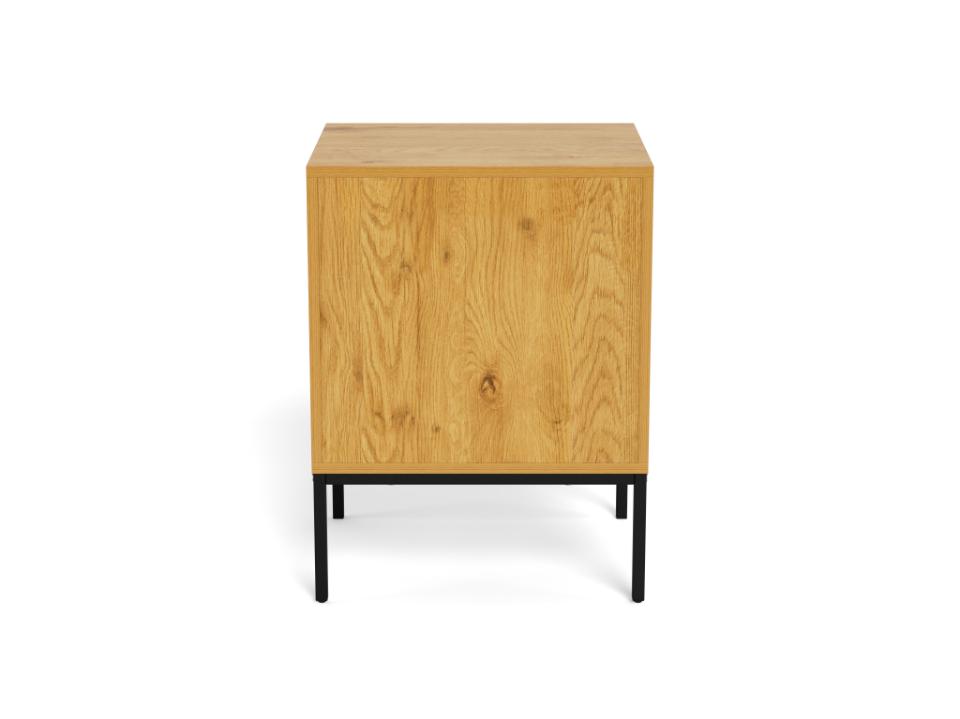 A modern side table featuring a light oak wood grain cabinet with a black metal frame and legs, shown from a front-facing perspective on a white background.
