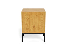 Load image into Gallery viewer, A modern side table featuring a light oak wood grain cabinet with a black metal frame and legs, shown from a front-facing perspective on a white background.
