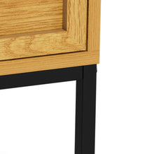 Load image into Gallery viewer, Close-up detail of a wooden cabinet corner with a light oak finish and a black metal leg, shown against a white background.
