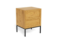 Load image into Gallery viewer, A two-drawer wooden nightstand with a light oak finish and black metal legs, shown on a plain white background.
