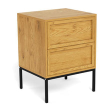 Load image into Gallery viewer, A two-drawer wooden nightstand with a light oak finish and black metal legs, shown on a plain white background.
