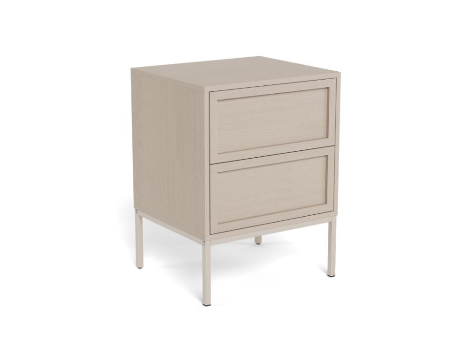 Beige nightstand with two drawers on a white background