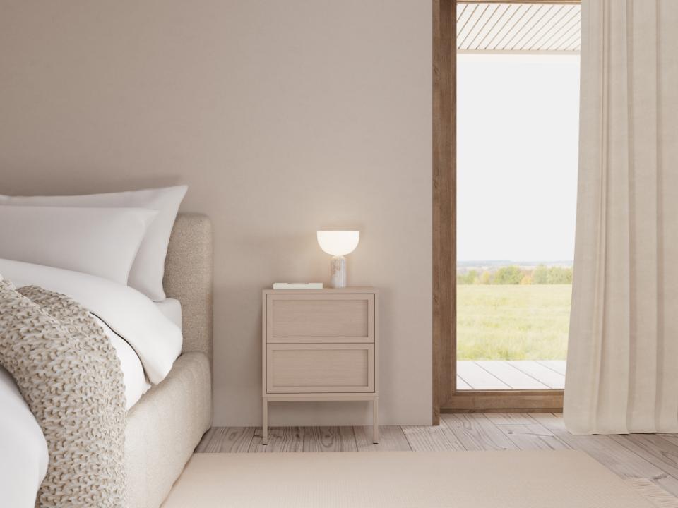 Modern bedroom with a bed, nightstand, and large window.