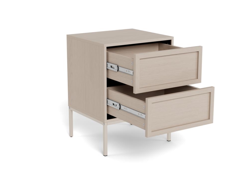 Beige two-drawer nightstand on a white background