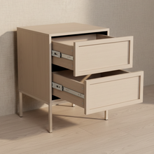 Load image into Gallery viewer, A light beige wooden two-drawer nightstand with metal drawer pulls, shown with both top and bottom drawers pulled open against a textured beige wall and light wood floor.
