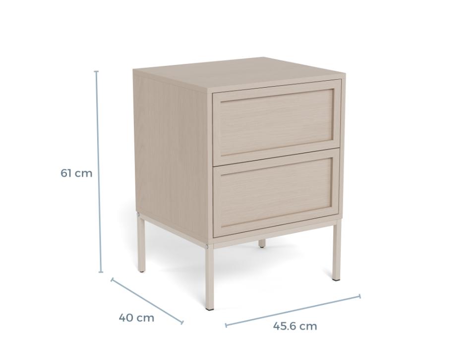 A light beige wood two-drawer nightstand with slim legs, shown with dimension lines indicating a height of 61 cm, width of 40 cm, and depth of 45.6 cm on a white background.