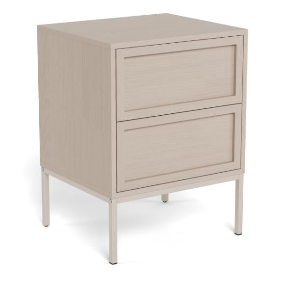A light beige wood-grain two-drawer nightstand with slim metal legs, shown on a clean white background.
