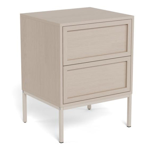 A light beige wood-grain two-drawer nightstand with slim metal legs, shown on a clean white background.