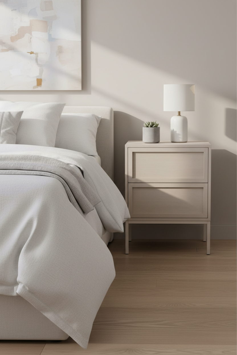 A modern bedroom scene featuring a light beige two-drawer nightstand beside a bed with white bedding, a white table lamp, and a small potted succulent, set against a warm beige wall with soft sunlight shadows.