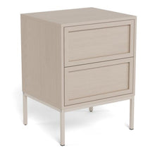 Load image into Gallery viewer, A light beige wood-grain two-drawer nightstand with slim metal legs, shown on a clean white background.
