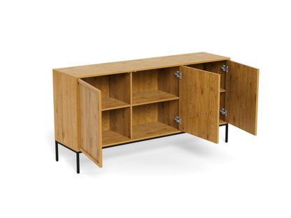 A modern wooden sideboard cabinet with a warm oak finish, featuring two open doors, three interior shelves, and black metal legs, shown on a white background.