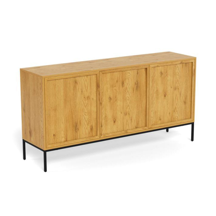 A modern three-door sideboard or credenza made of light natural oak wood with a black metal frame and legs, shown on a plain white background.