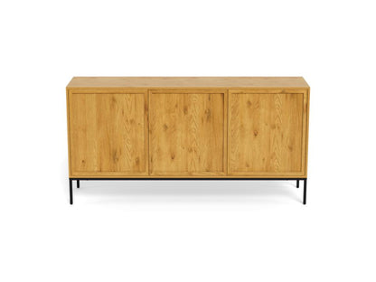 A Palmdale modern sideboard cabinet with three wooden doors in a light oak finish, supported by slim black metal legs, shown against a plain white background.