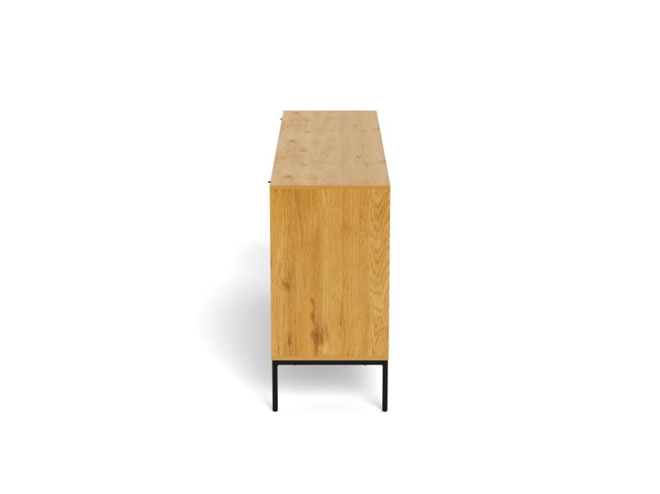 Side view of a wooden sideboard with a light finish on a white background