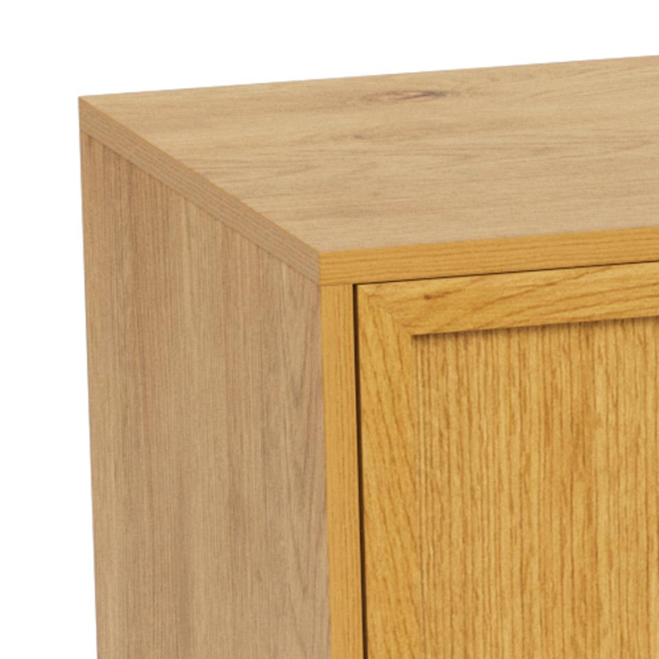 Close-up of a wooden sideboard corner with a white background