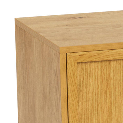 Close-up of a wooden sideboard corner with a white background