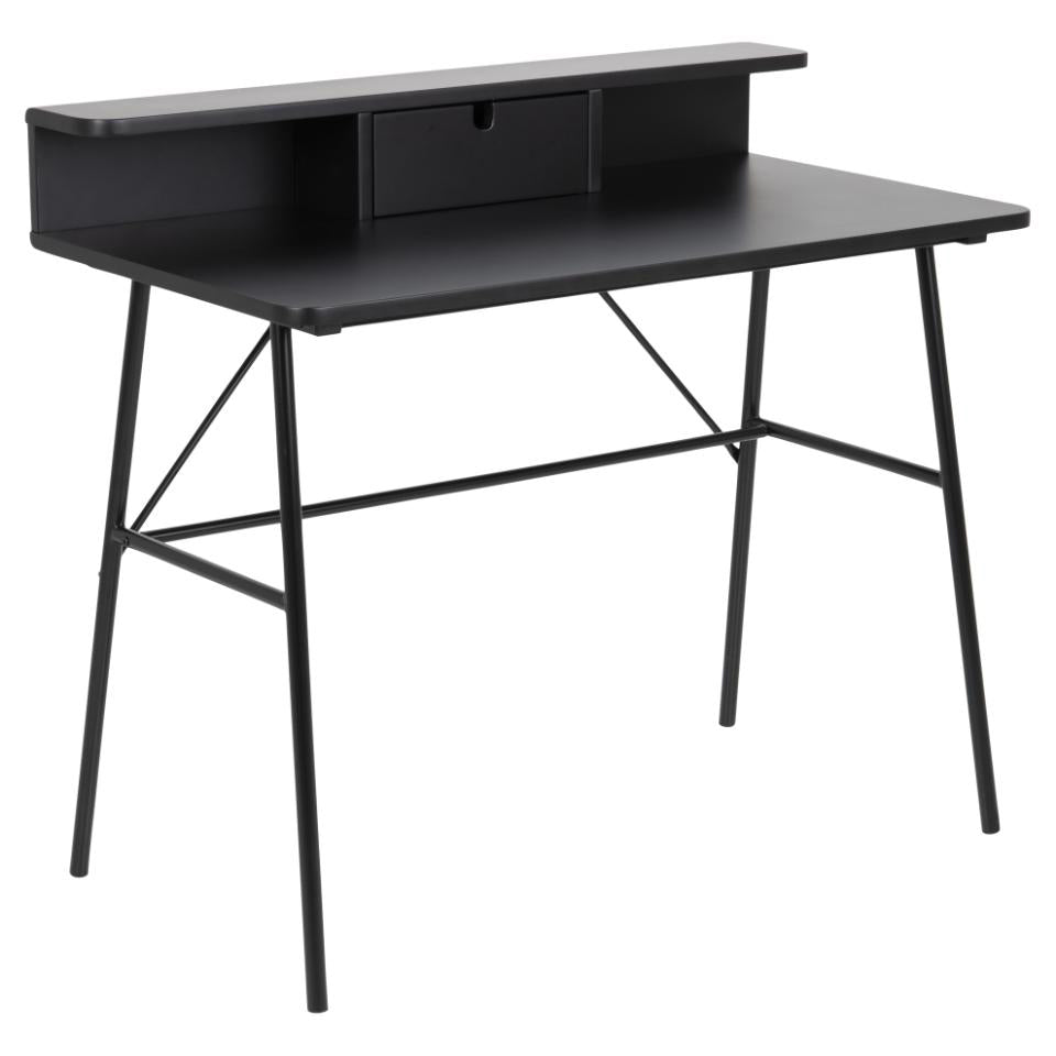 A modern black writing desk with a built-in top shelf and drawer, supported by slim angled metal legs, shown on a plain white background.