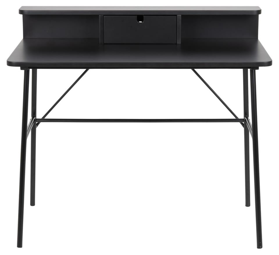 A black corner computer desk with a top drawer, shown from a front angle against a solid white background.