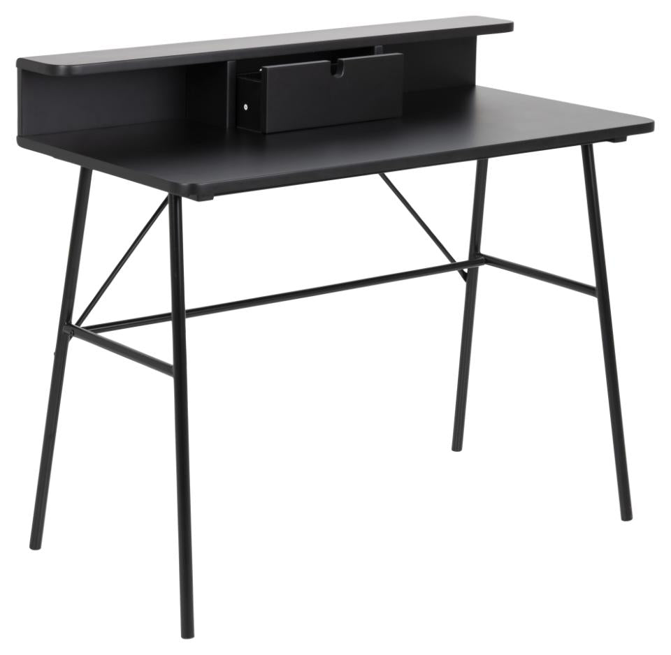 A modern black writing desk with a minimalist design, featuring a top shelf, a built-in drawer, and thin metal legs, shown against a plain white background.