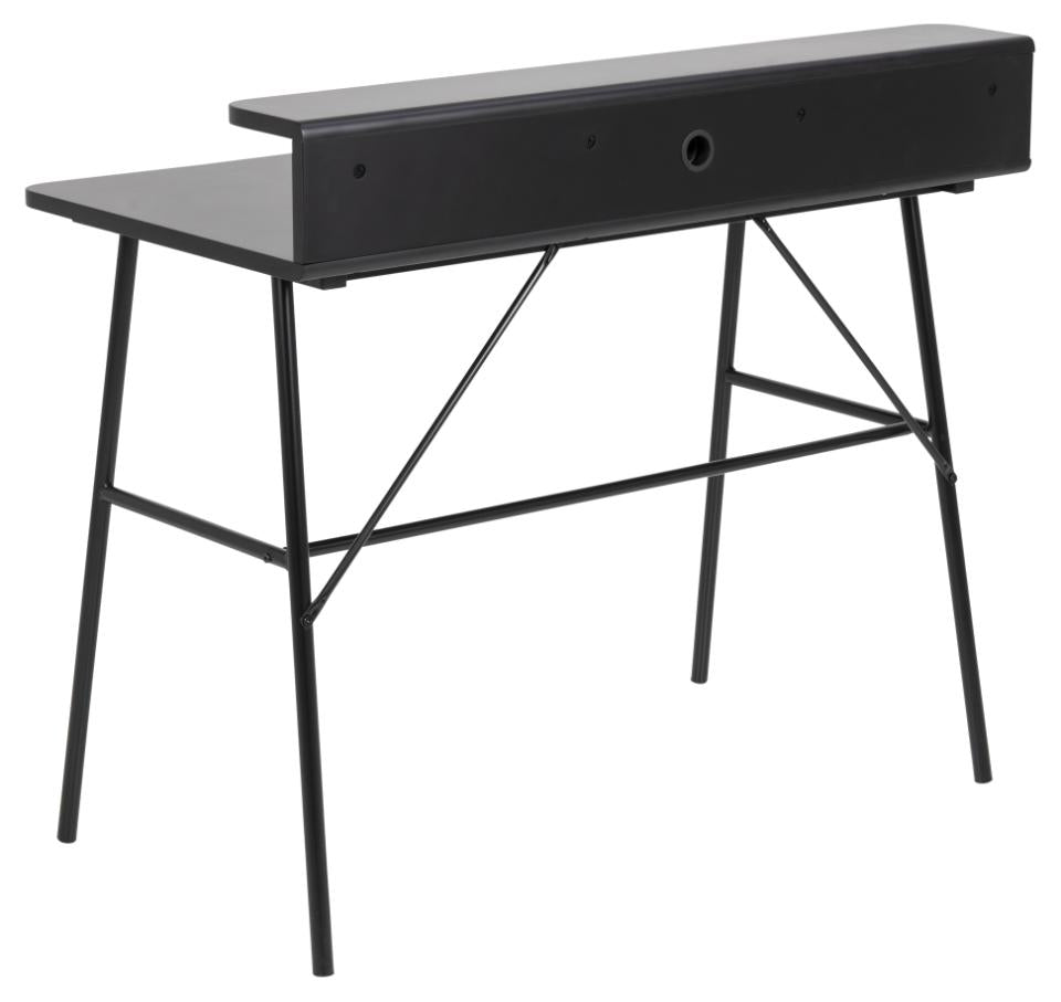 Black desk with a minimalist design on a white background