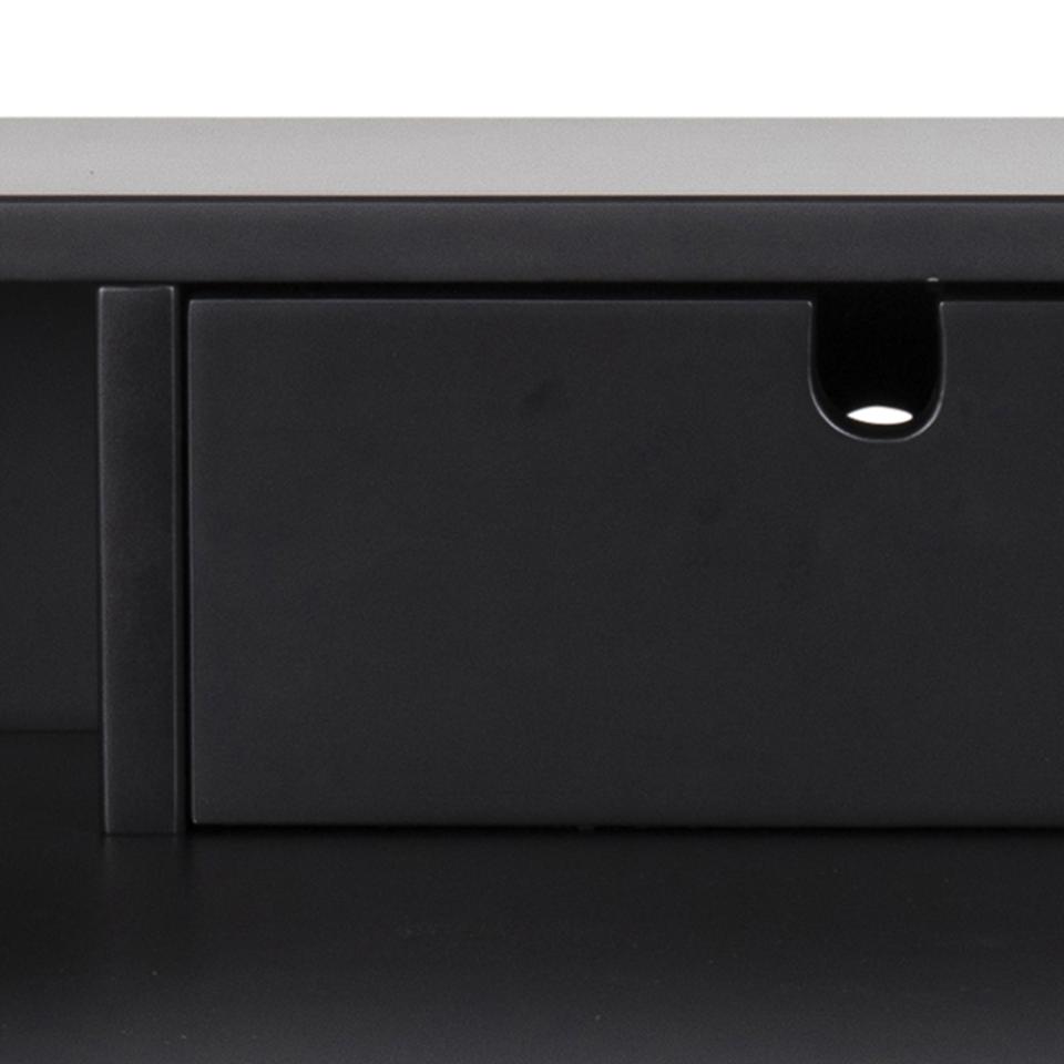 Close-up of a matte black drawer front with a small oval pull handle, shown on a matching dark furniture piece against a white background.