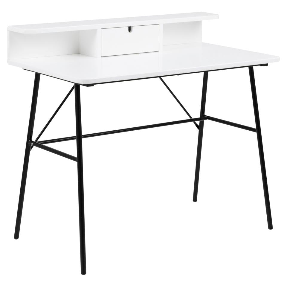 Pascal Office Desk With Drawer In White With Black Metal Legs Space Saving 100x55x89cm