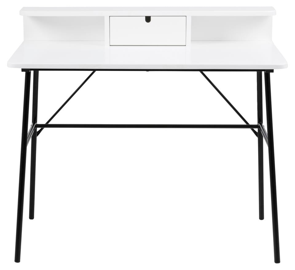 A white writing desk with a single drawer, open side shelves, and black metal legs, shown against a plain white background.
